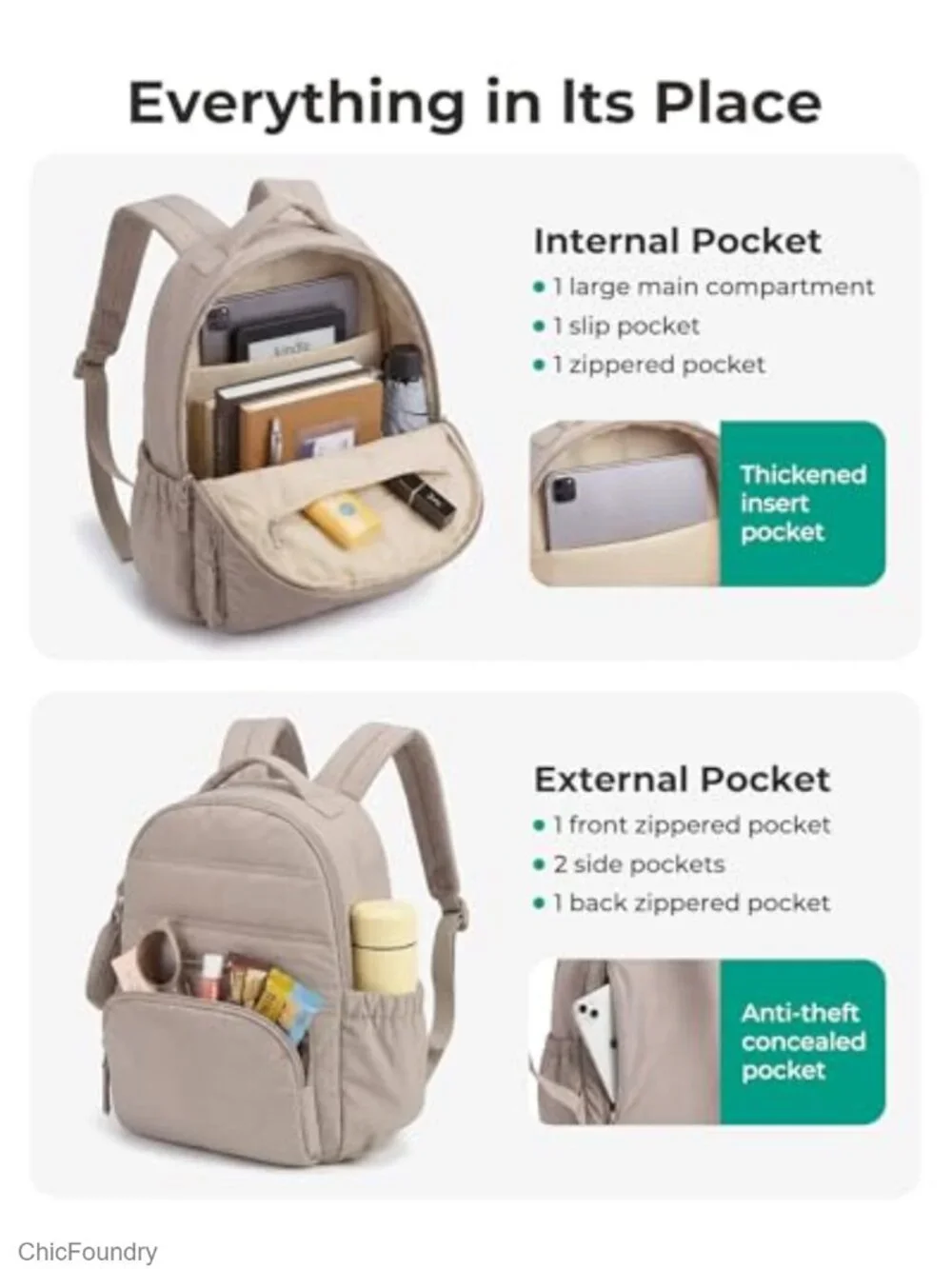 Puffer Mini Backpack with Detachable Pouch, Lightweight Purse, Laptop
